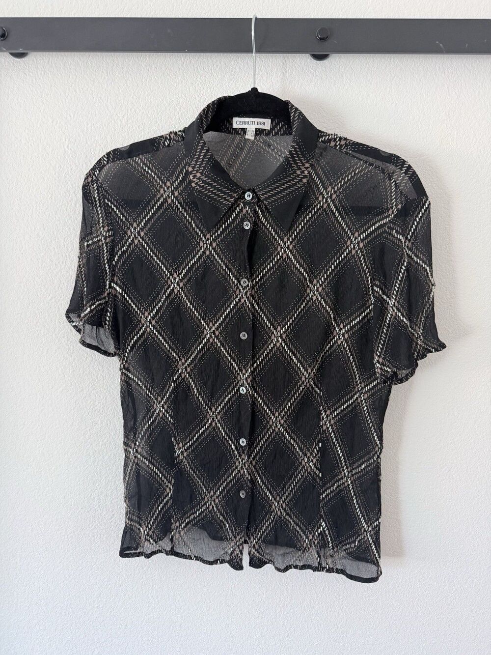 Cerruti 1881 Beaded Silk Chiffon Blouse Black Sheer Vintage Y2K 90s Sz 4 6 Goth